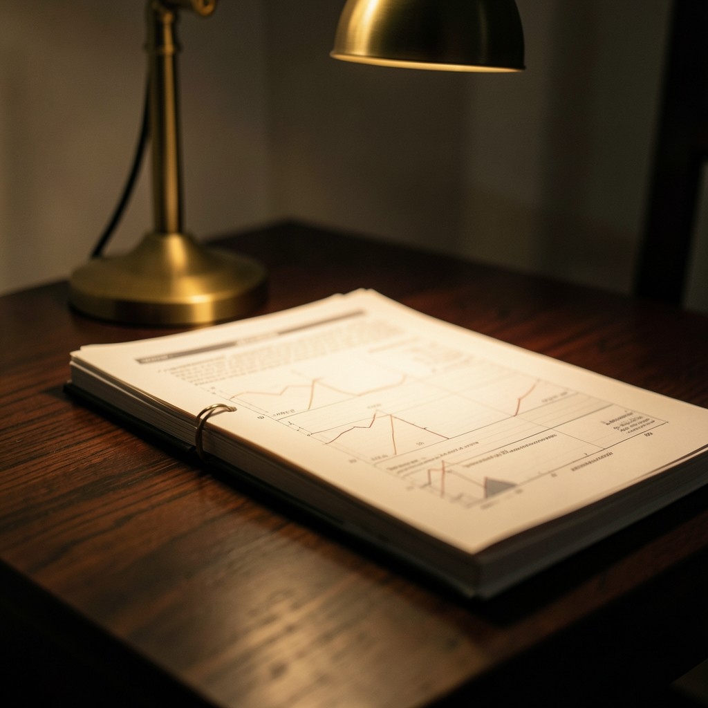 Stack of annotated notebooks beside printed audience charts under warm lamp light
