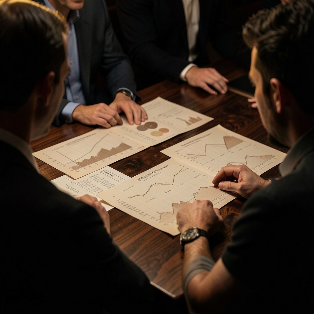Editorial team reviewing printed section charts during an evening briefing