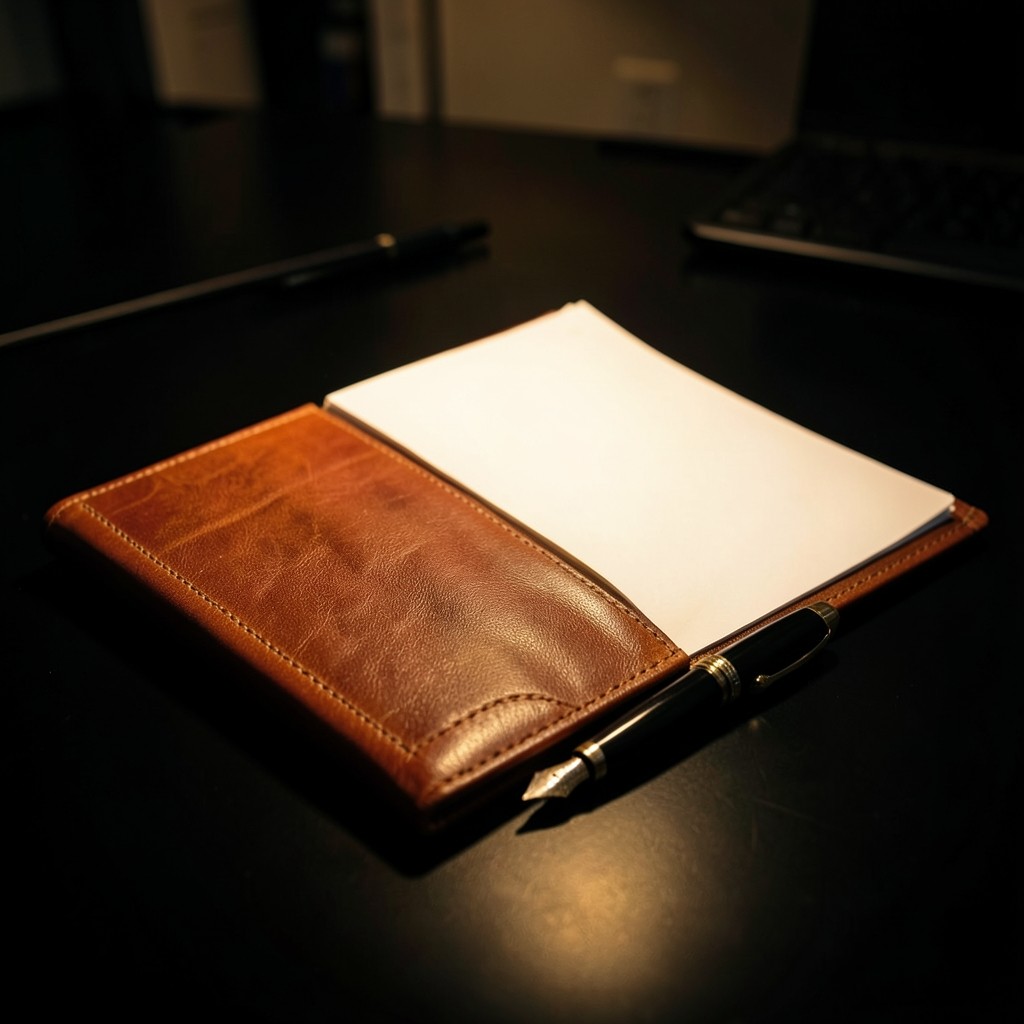 Leather portfolio with rate sheets beside a fountain pen on a dark desk