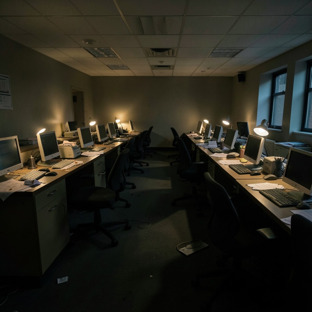 Evening newsroom after a briefing with empty chairs and marked-up charts