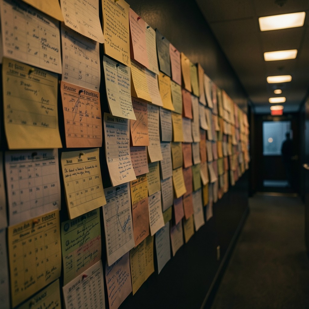 Magazine planning wall with annotated editorial calendar sheets