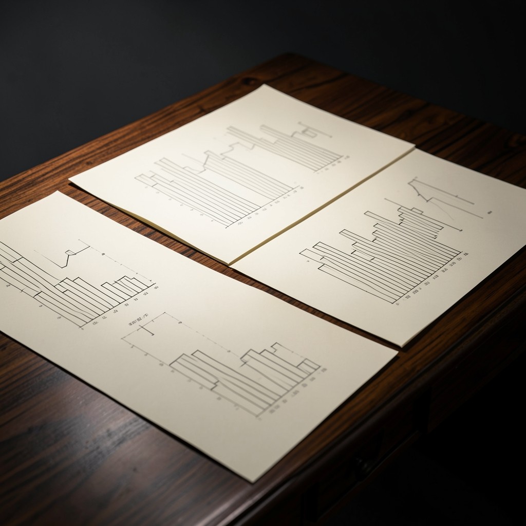 Printed audience charts arranged across a dark wood editorial table